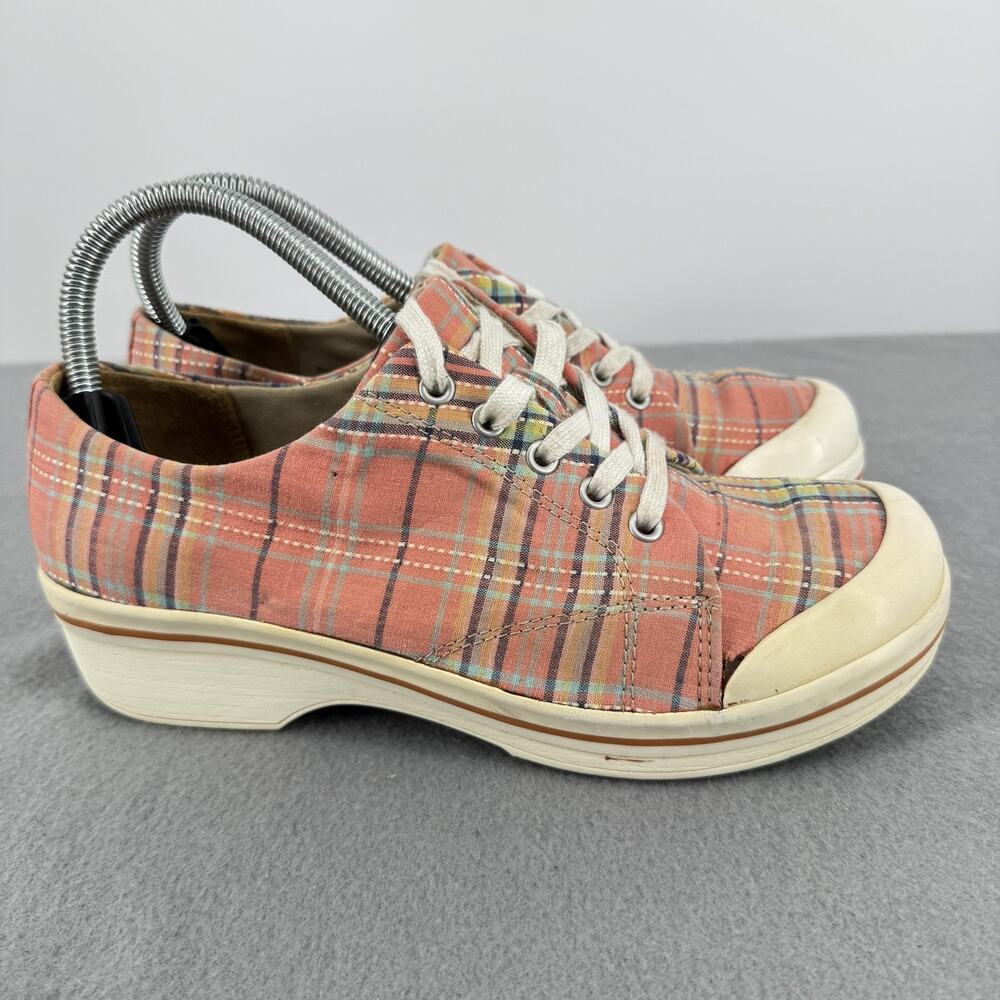 Dansko Veda Vegan Shoes Womens 7.5 Pink Plaid Canvas Platform Slip Resistant 38